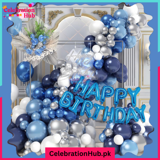 Elegant Blue & Silver Birthday Balloon Decoration Kit – Metallic Balloons & Backdrop Set