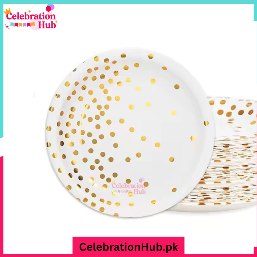 “Gold Dots Party Paper Plates – Elegant White Disposable Plates for Birthday, Baby Shower, Wedding & Events” Pack of 10