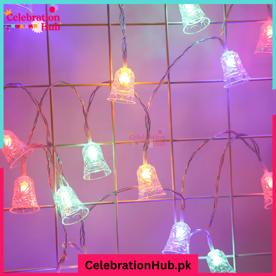 30 Feet Multicolor Blinking Bell Fairy Lights – Plug Operated, 28 Decorative Bells