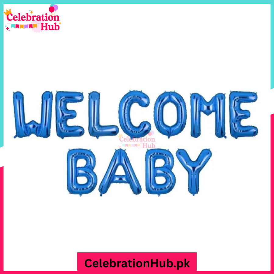 WELCOME BABY Foil Balloon Banner – 16 Inch Letters – Metallic Blue or Pink Baby Shower Decoration