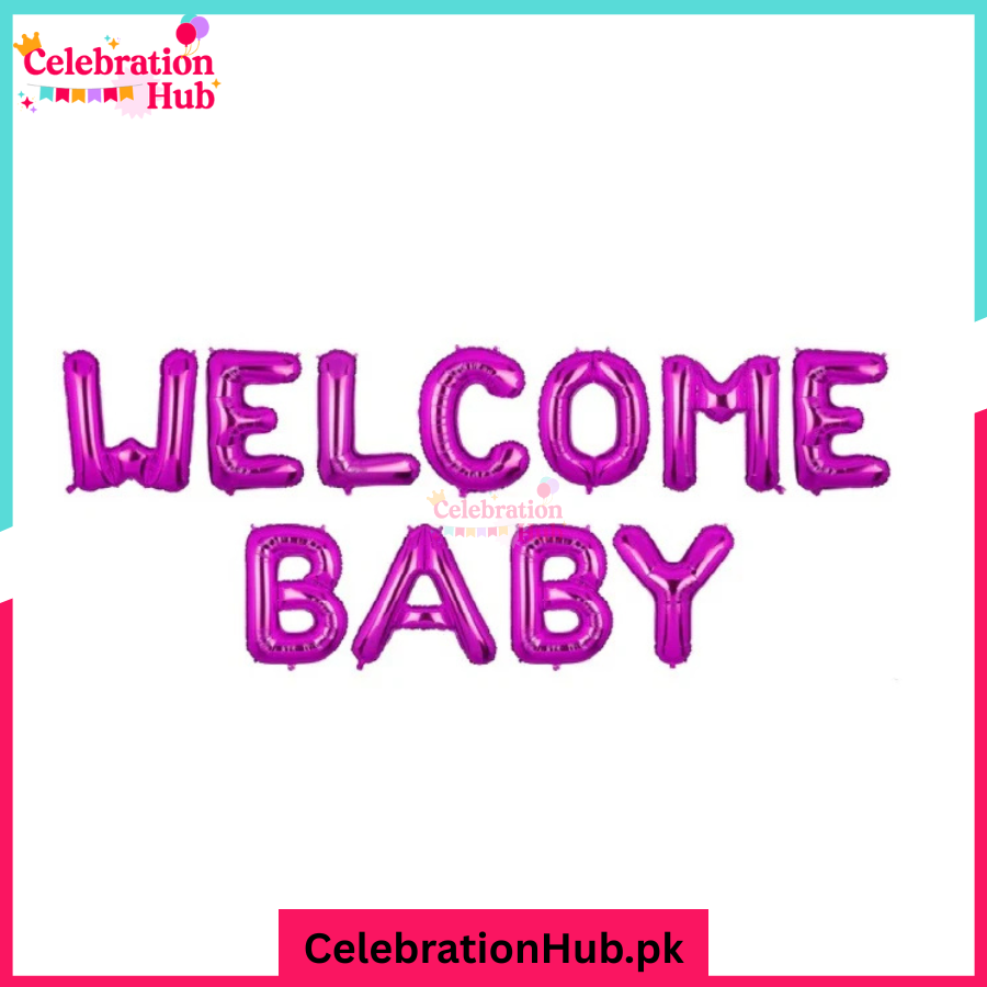 WELCOME BABY Foil Balloon Banner – 16 Inch Letters – Metallic Blue or Pink Baby Shower Decoration