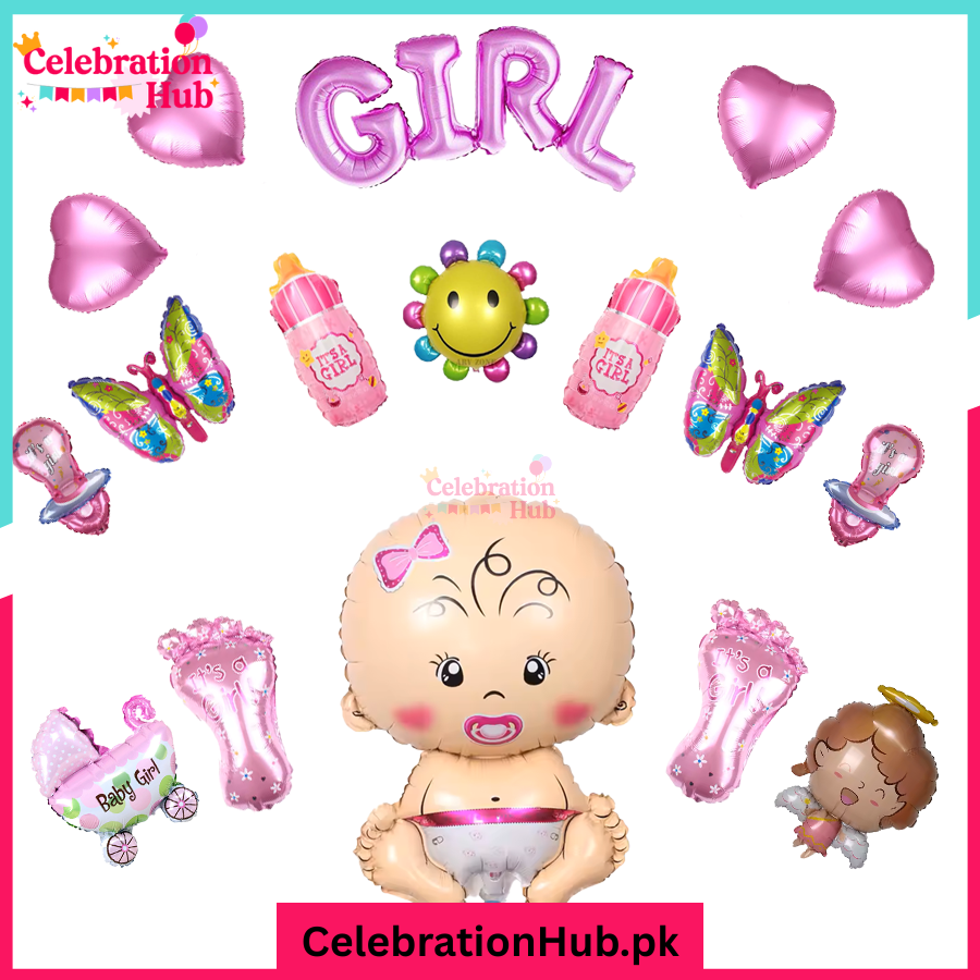 Baby Girl Foil Balloon Set – 17-Piece Pink Themed Decorations for Baby Shower & Gender Reveal