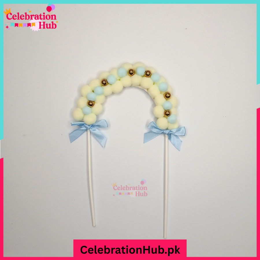 Pastel Balloon Arch Cake Topper with Blue Bows – Soft Pom Pom Design