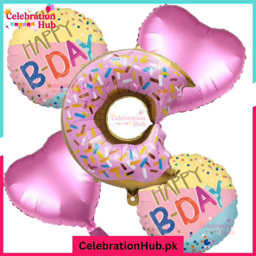 Donut Theme Pink Happy Birthday Foil Balloon Set – 5 Pcs