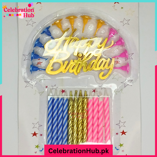 Pack of 12 – Spiral Birthday Candles with Golden "Happy Birthday" Topper