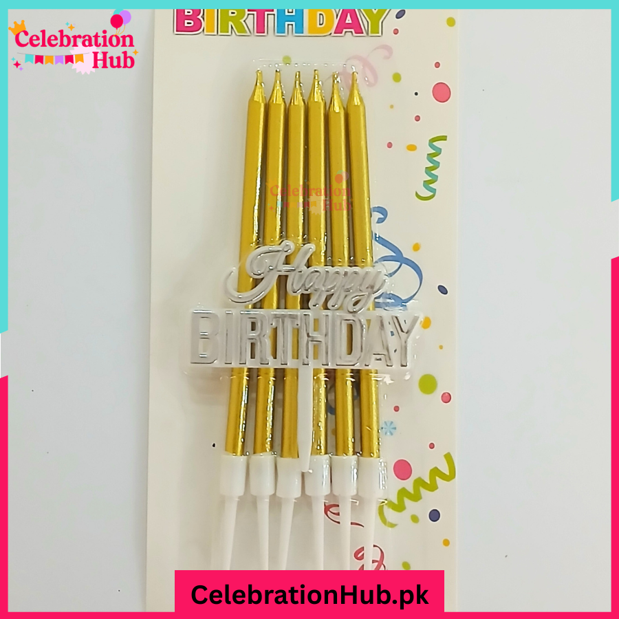 Pack of 6 – Elegant Gold / Multicolor Birthday Candles with Silver "Happy Birthday" Topper