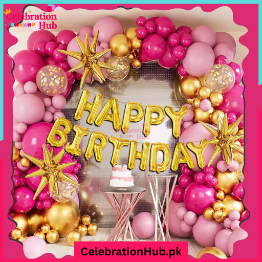 Pink & Gold Starburst Birthday Balloon Decoration Set – Luxury Party Backdrop for Girls