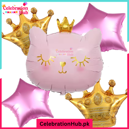 Hello Kitty face 5-Piece Foil Balloon Set – Royal Pink & Gold Party Balloons