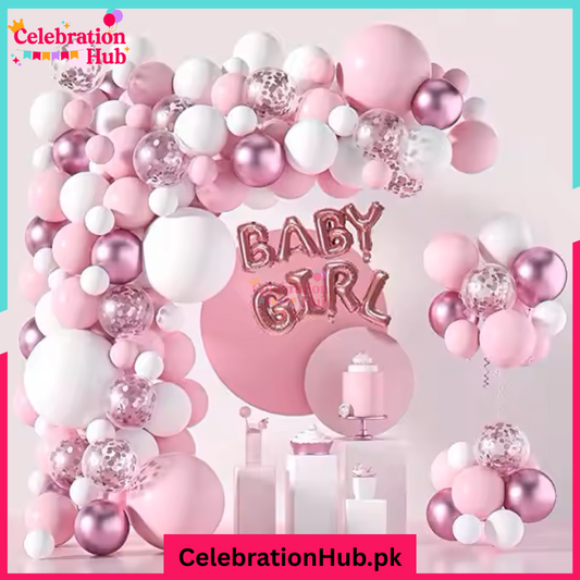 Pink Balloon Welcome Baby / Baby Girl Shower Decoration Set – 100pcs Elegant Gender Reveal Party Backdrop Kit