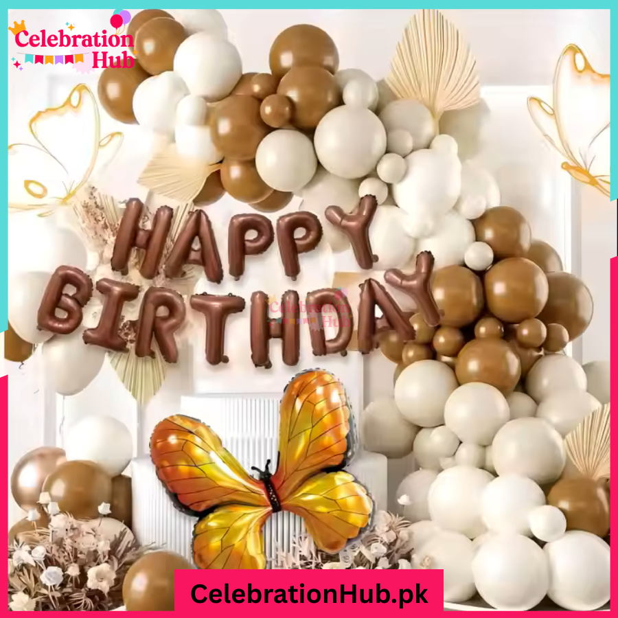 Elegant Neutral Butterfly Birthday Party Decoration Set – Beige & Brown Balloon Garland Kit