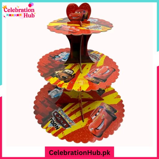 Cars Cartoon-Themed 3-Tier Cardboard Cupcake Stand – Fun Party Dessert Display for Kids
