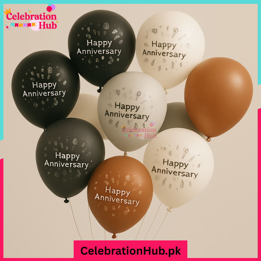 10 Inch Happy Anniversary Balloons β Black, White & Bronze | Elegant Celebration Decor | Pack of 25 Balloons