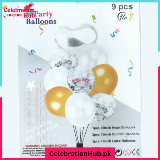 9 Pcs Confetti Decorative Party Balloons Set (Heart Shaped & Confetti Filled Latex Party Balloons Set) For Birthday and Event