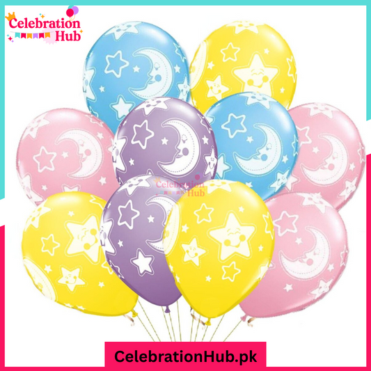 10 Inch Moon and Stars Printed Balloons – Pack of 15 Assorted Colors | Party Decorations
