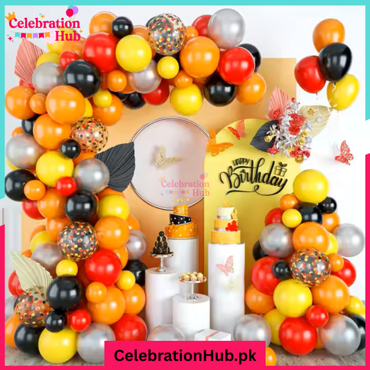 Vibrant Balloon Birthday Decoration Set – Red, Yellow, Orange & Black Party Backdrop Kit