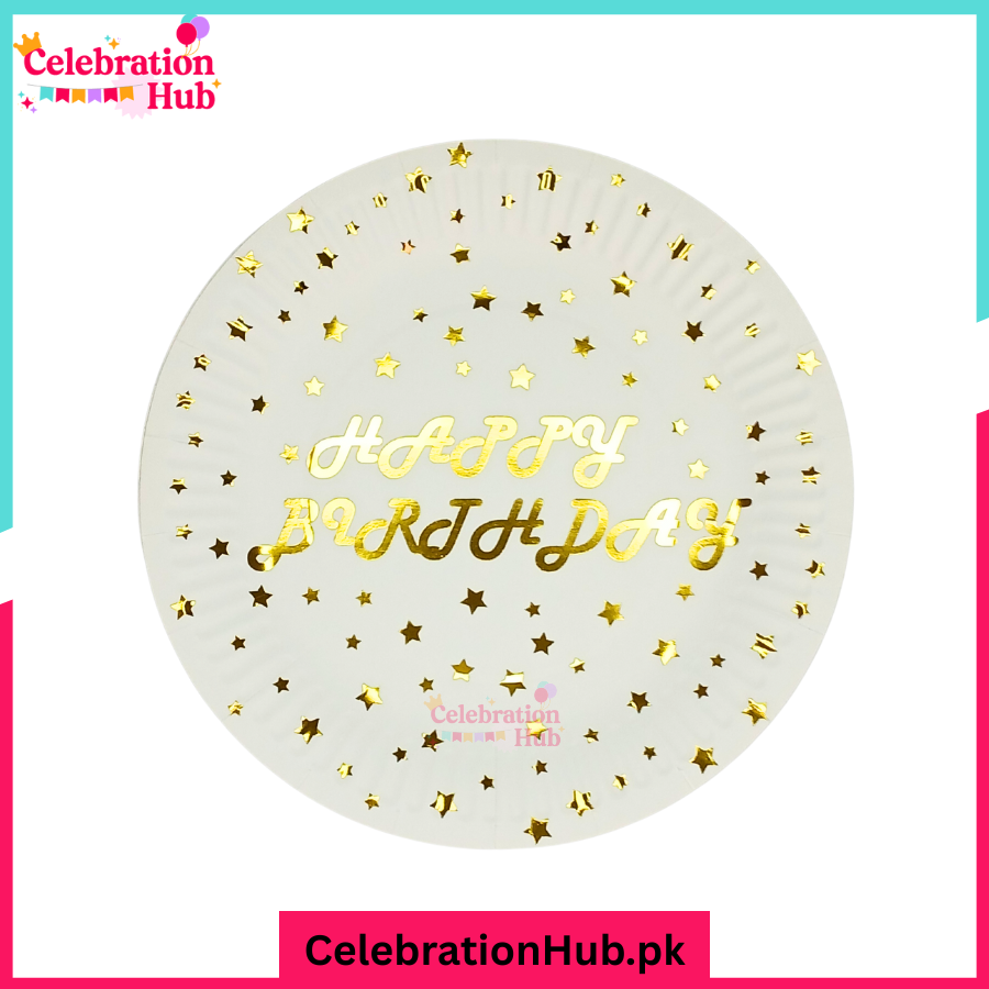 “White Happy Birthday Polka Dots Party Paper Plates – Elegant White Disposable Plates for Birthday, Baby Shower, Wedding & Events” Pack of 10