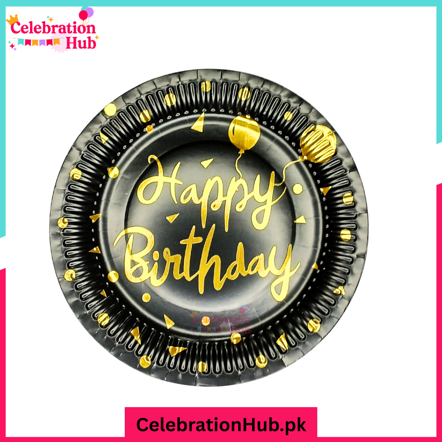 “Black Happy Birthday Party Paper Plates – Elegant Black Disposable Plates for Birthday, Baby Shower, Wedding & Events” Pack of 10
