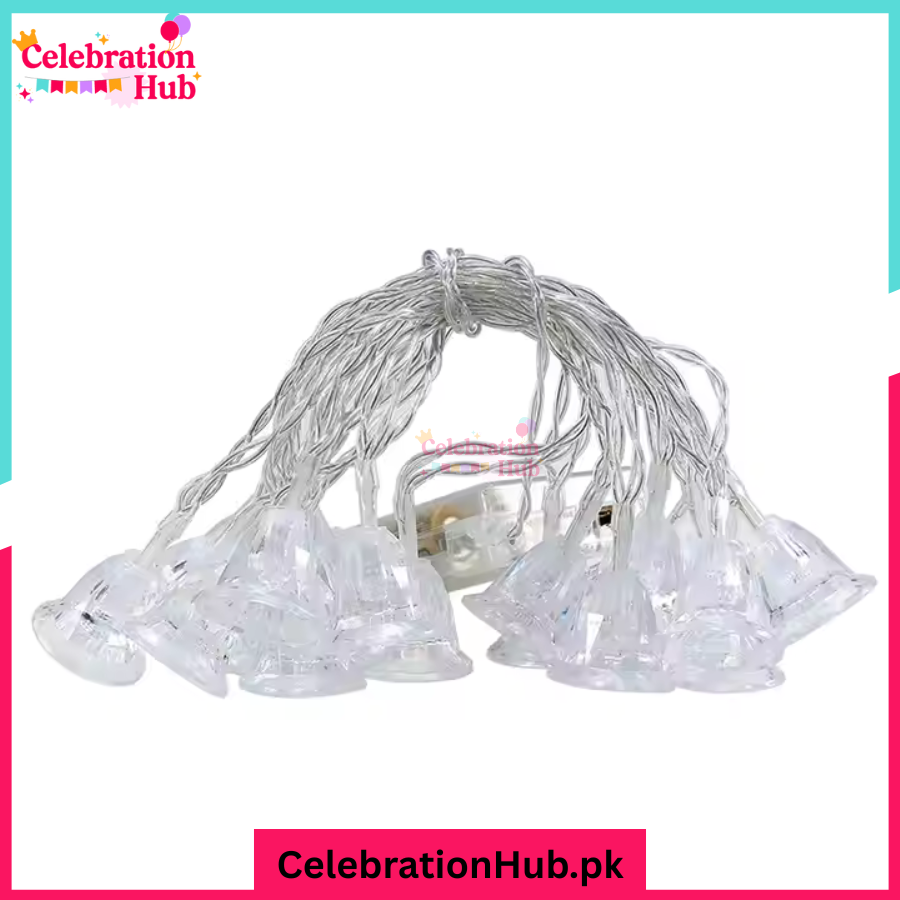 30 Feet Multicolor Blinking Bell Fairy Lights – Plug Operated, 28 Decorative Bells