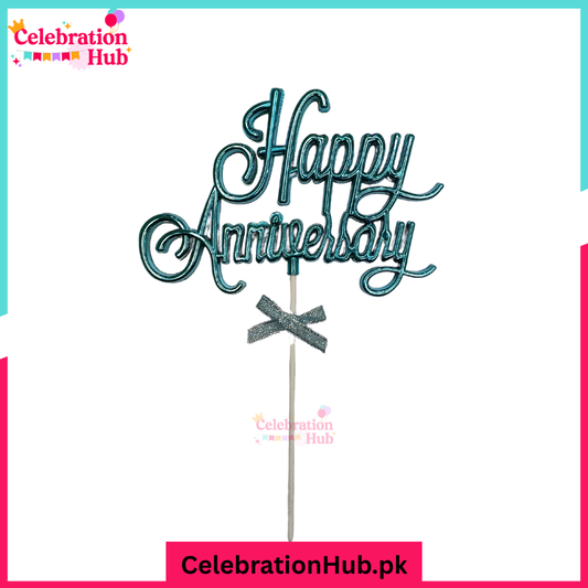 Happy Anniversary Cake Topper – Glitter Teal Decoration for Celebrations