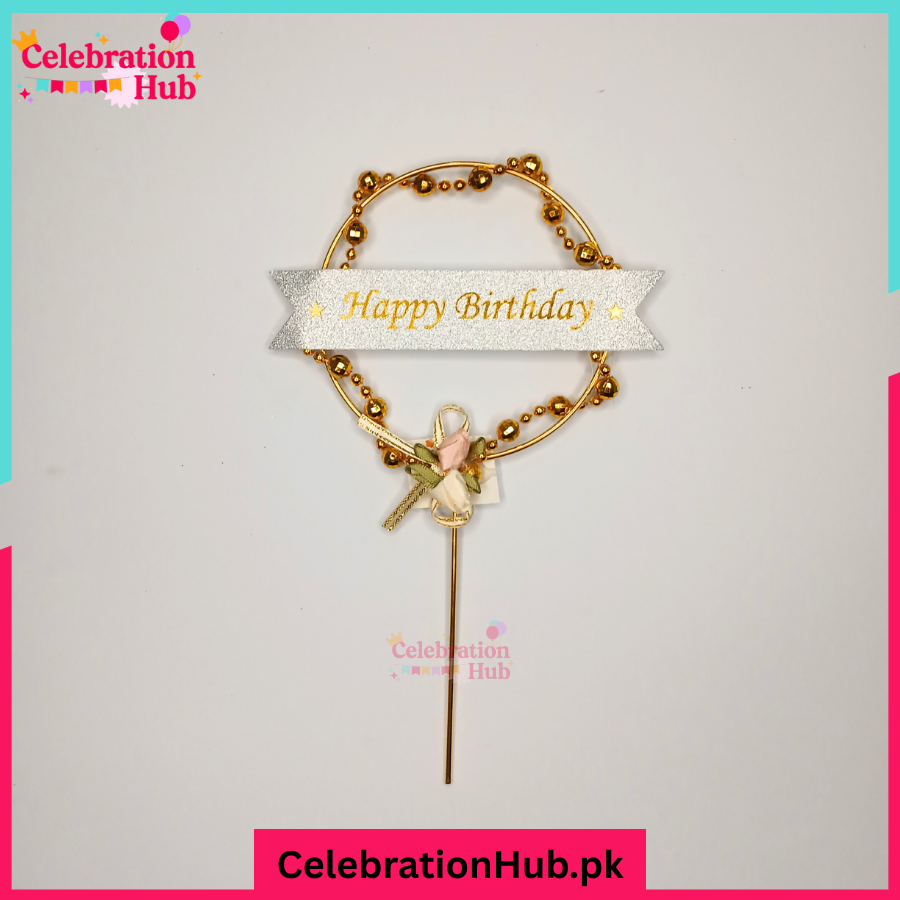 Elegant Gold Metal Happy Birthday Cake Topper with Beads & Bow