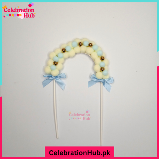 Pastel Balloon Arch Cake Topper with Blue Bows – Soft Pom Pom Design