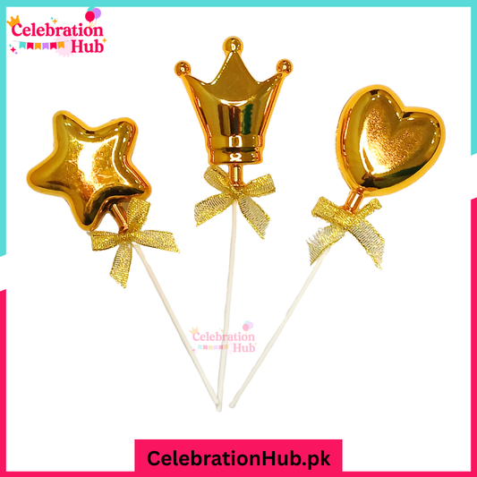 Golden Crown, Heart & Star Cake Toppers – Elegant Party Decorations for Cakes & Cupcakes