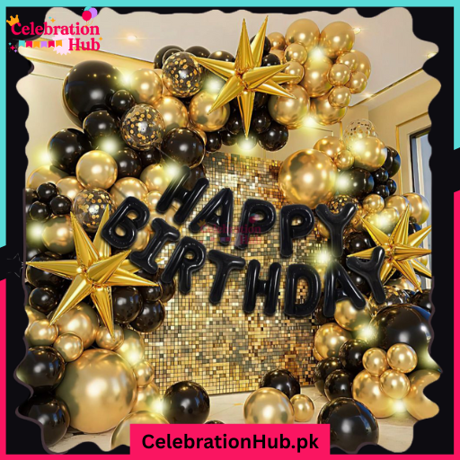 Luxury Black & Gold Birthday Decoration Backdrop Set with Star Balloons – Glam Party Balloon Arch Kit