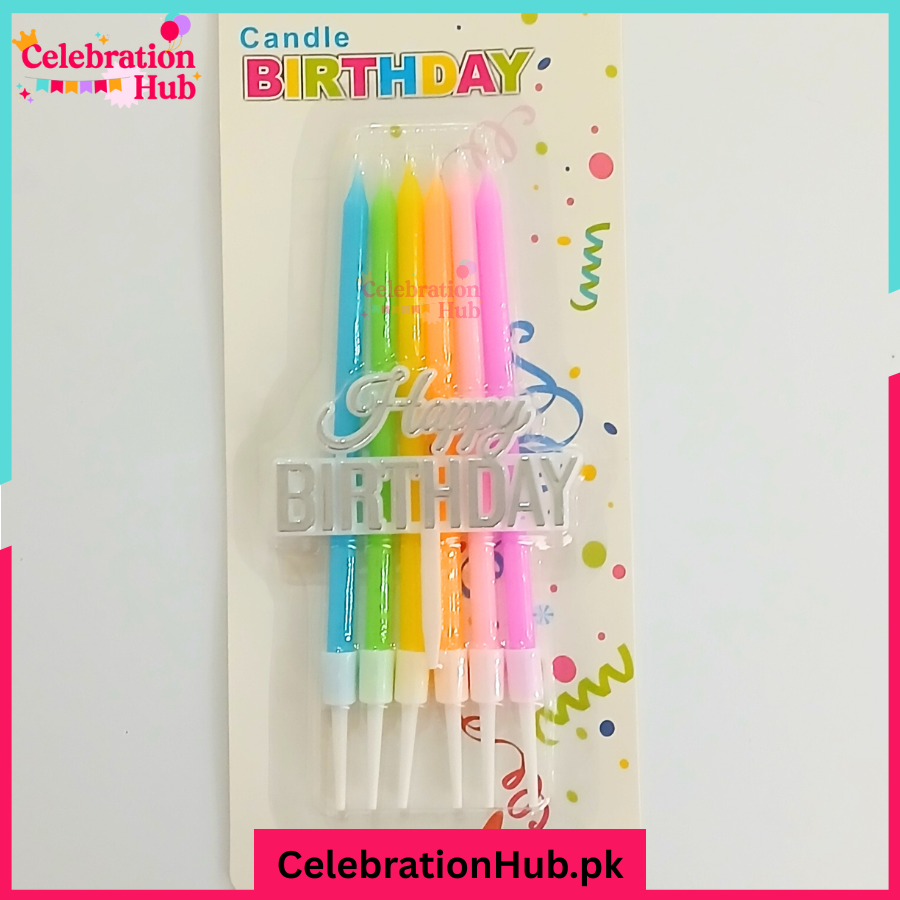 Pack of 6 – Elegant Gold / Multicolor Birthday Candles with Silver "Happy Birthday" Topper