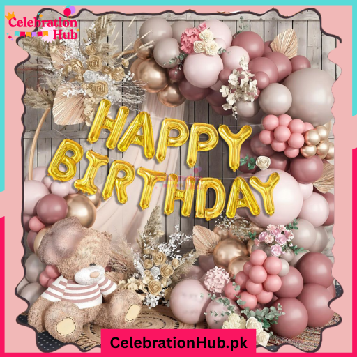 Pink & Gold Birthday Decoration Kit – Balloon Arch, Foil Letters & Floral Decor
