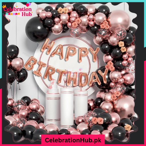 Rose Gold & Black Birthday Decoration Kit – Balloon Garland Arch with Foil Letter Balloons & Floral Accents
