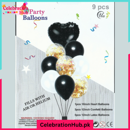 9 Pcs Confetti Decorative Party Balloons Set (Heart Shaped & Confetti Filled Latex Party Balloons Set) For Birthday and Event