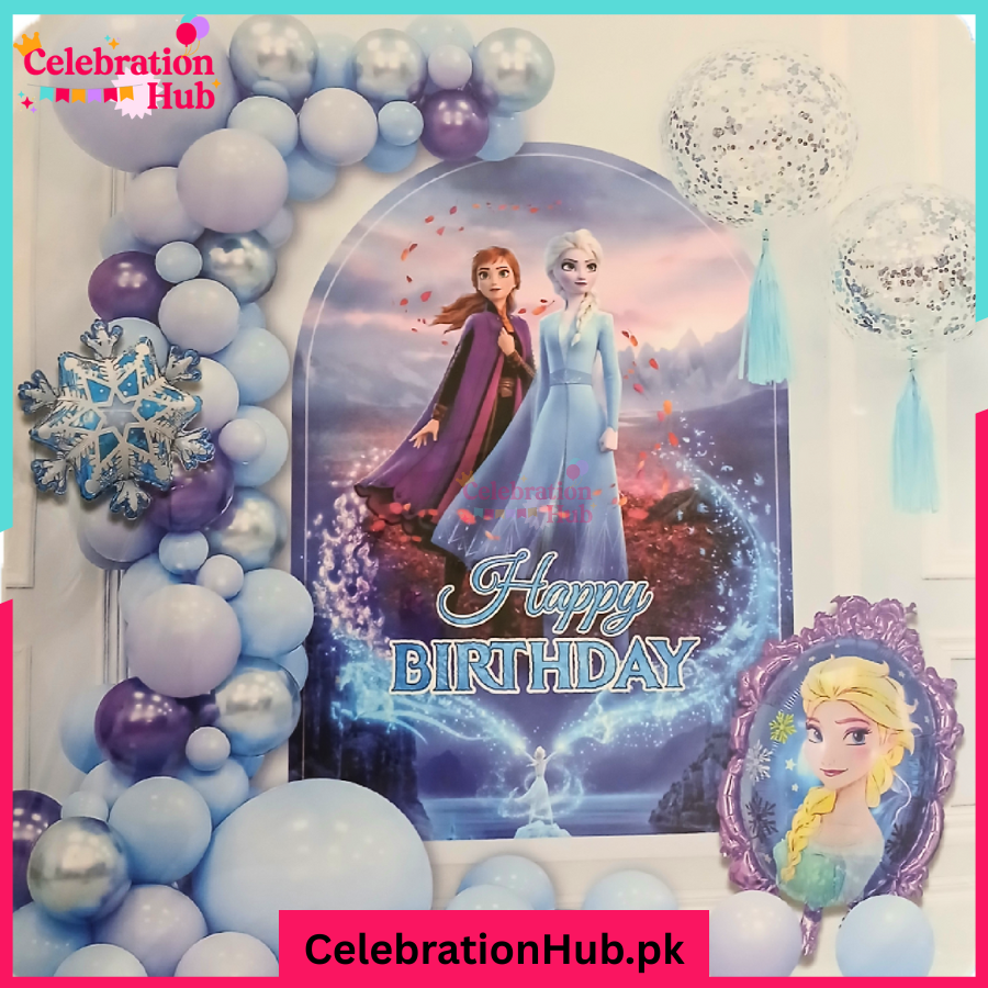 Frozen-Inspired Princess Birthday Decoration Set – Blue, Purple & Silver Balloon Kit with Elsa & Anna Theme