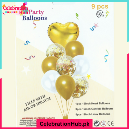 9 Pcs Confetti Decorative Party Balloons Set (Heart Shaped & Confetti Filled Latex Party Balloons Set) For Birthday and Event