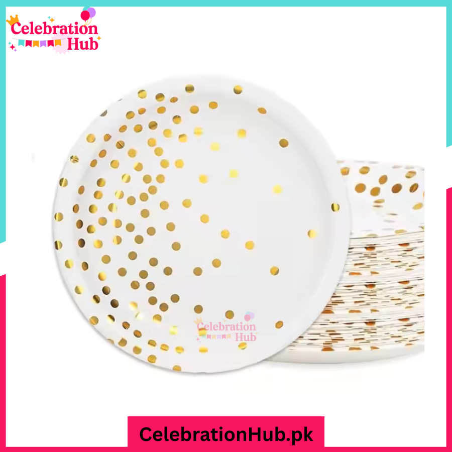 “Gold Dots Party Paper Plates – Elegant White Disposable Plates for Birthday, Baby Shower, Wedding & Events” Pack of 10