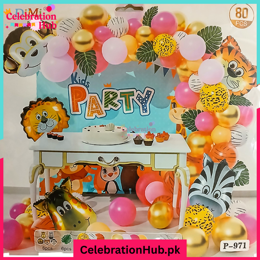 80 Pcs Jungle Safari Animal Theme Birthday Decoration Set for Kids - Balloon Arch Kit with Lion, Monkey, Zebra, and More