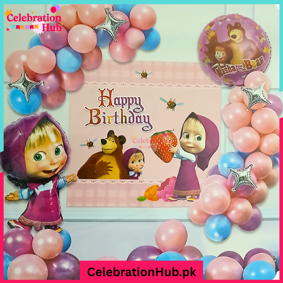 Masha and the Bear Birthday Decoration Set – Pink, Purple & Blue Balloon Arch Kit for Girls Party