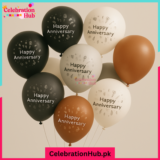 10 Inch Happy Anniversary Balloons – Black, White & Bronze | Elegant Celebration Decor | Pack of 25 Balloons