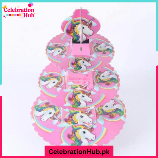 Unicorn Cartoon-Themed 3-Tier Cardboard Cupcake Stand – Fun Party Dessert Display for Kids