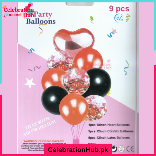 9 Pcs Confetti Decorative Party Balloons Set (Heart Shaped & Confetti Filled Latex Party Balloons Set) For Birthday and Event