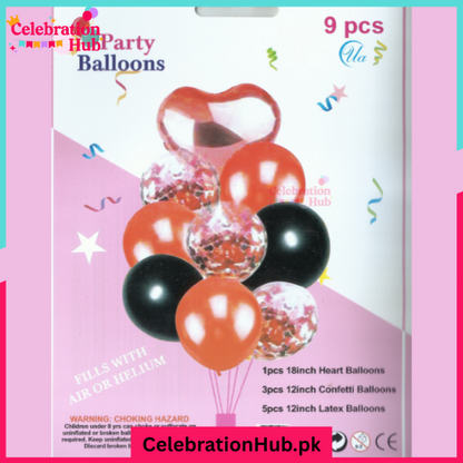9 Pcs Confetti Decorative Party Balloons Set (Heart Shaped & Confetti Filled Latex Party Balloons Set) For Birthday and Event