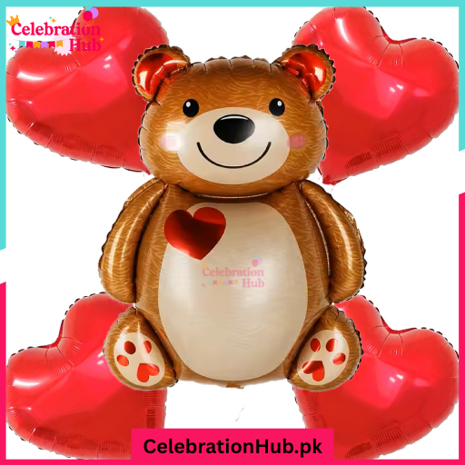 Teddy Bear & Heart Foil Balloons Set – 5 Pieces | Cute Valentine & Birthday Decor
